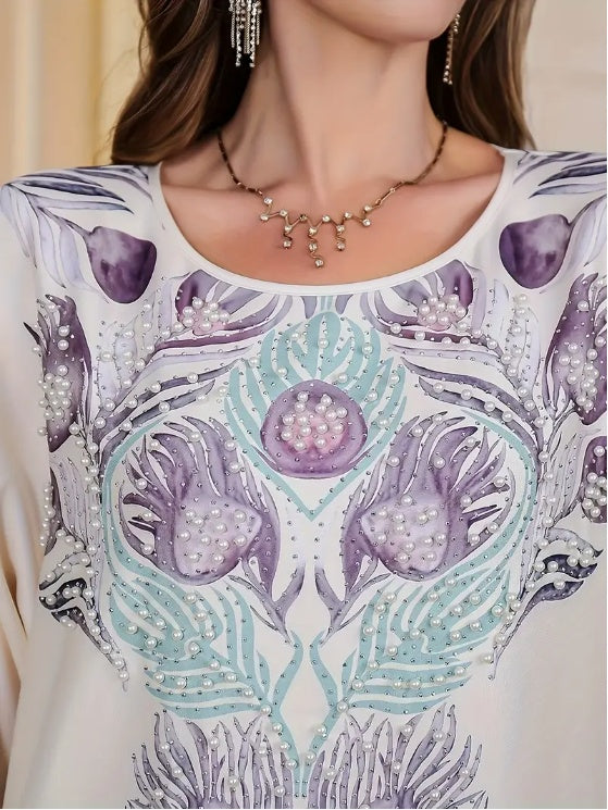 Elegant Floral Print Long Sleeve Abaya Dress
