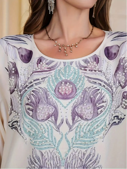 Elegant Floral Print Long Sleeve Abaya Dress