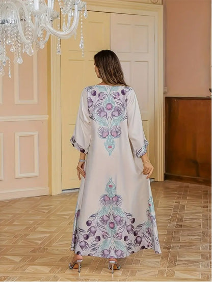 Elegant Floral Print Long Sleeve Abaya Dress